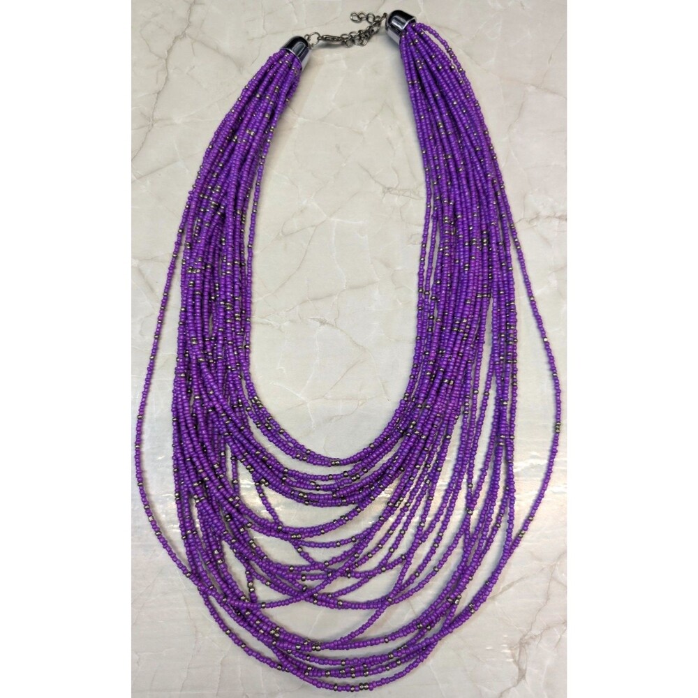 New Purple Seed Bead Multi Strand Bib Statement Necklace Silver Tone 21 " Boho